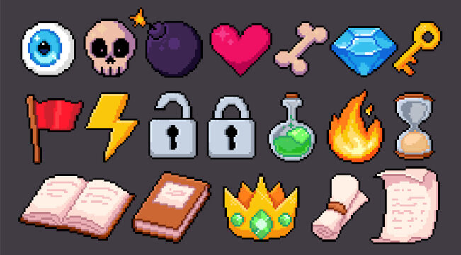 Pixel art game collection of arcade item icons, 8 bit interface elements, key, lock and crown, book, scroll and diamond, retro videogame graphics for level design, ui cartoon vector illustrations