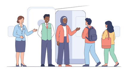Obraz premium Welcoming Flight Crew and Passengers Boarding an Airplane Diverse People Entering Aircraft for Travel
