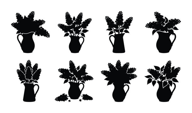 Floral Silhouette Collection, Vector Flower Arrangements in Pitchers, Botanical Art Elements, Black and White Decorative Sprigs