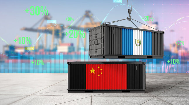 China - Guatemala Trade: A visual representation of international trade, showcasing a container bearing the flag of China poised near one with the flag of Guatemala.