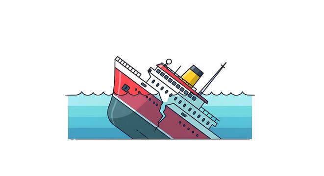 A dramatic vector illustration showing the front of a large cruise ship sinking into the ocean after hitting an iceberg or obstacle.