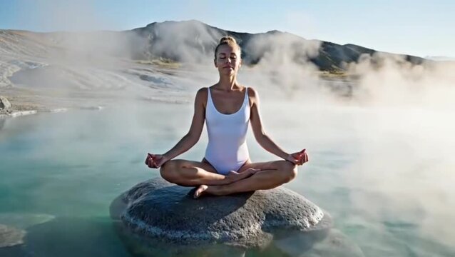 Woman practices hot yoga on a rock in a steamy natural hot spring