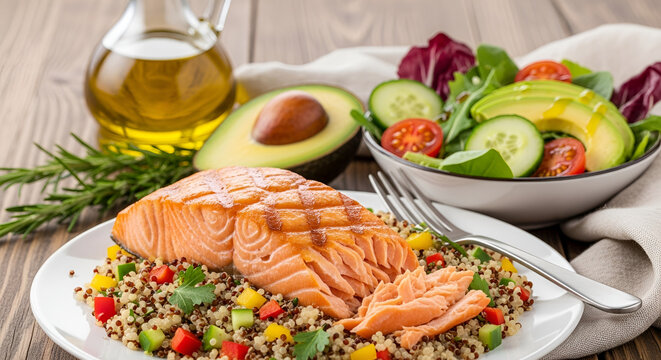 Grilled salmon with quinoa salad bowl.