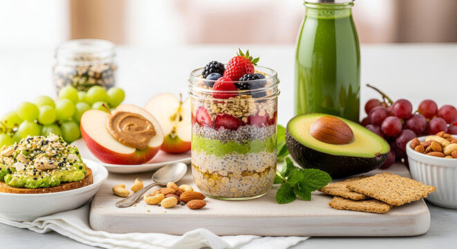 Healthy food and fruit breakfast spread.