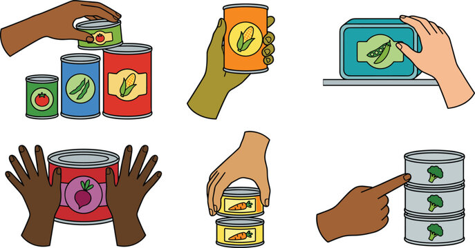 Food Canning and Packaging Vector Set Showing Hands Holding, Opening and Labeling Tin Cans with Vegetables for Preservation, Storage and Grocery Illustration