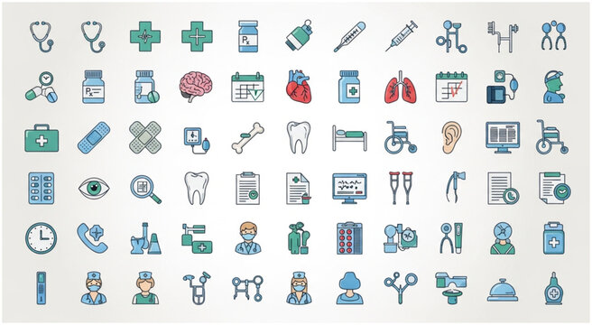Collection of medical icons representing healthcare, medicine, and treatment for various conditions and illnesses.