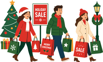 Fototapeta premium Christmas shopping people carrying gift bags holiday sale flat vector illustration