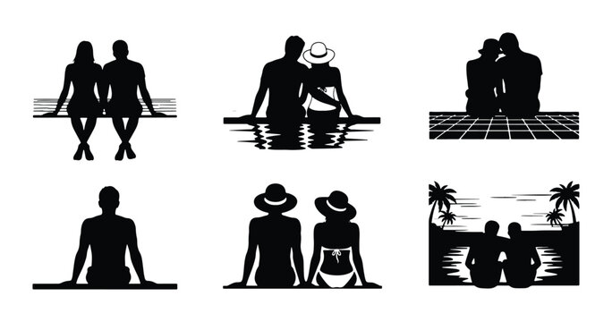 Couple Silhouettes Vector Set: Romantic Pairs, Beach & Poolside Relaxation, Summer Vacation Icons