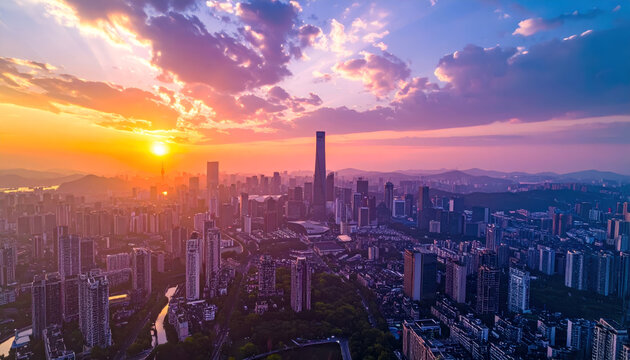 Aerial view capturing the vibrant cityscape of Zhengzhou China at sunset with radiant light silhouette skyscrapers and dramatic cloudscape