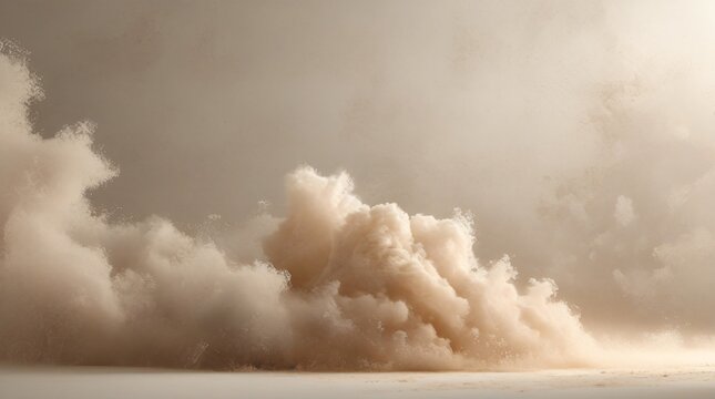 Dynamic explosion of tan sand and dust particles rolling across a flat surface, capturing powerful motion, organic grainy textures, and cinematic natural energy.