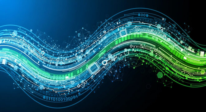 A vibrant vector graphic illustration of a wavy digital circuit board with glowing blue and green lines and binary code on a dark background