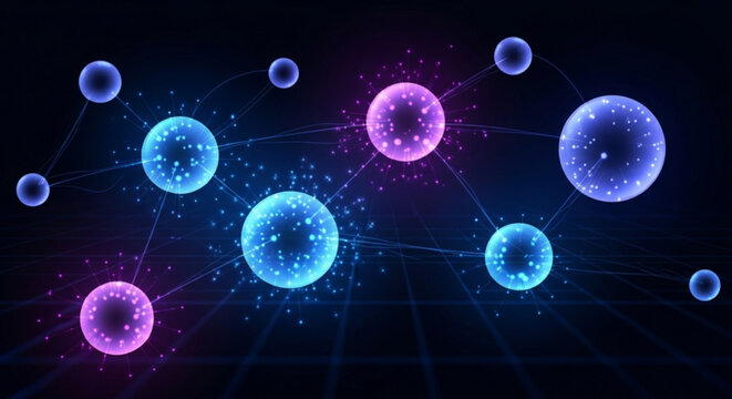 A vibrant vector graphic illustration of glowing blue and pink orbs connected by lines on a dark background