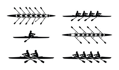 Rowing Boat Silhouettes Set, Diverse Crew Sizes, Competitive Water Sport Vector Graphics, Athletic Team Activity Illustrations © Tamanna
