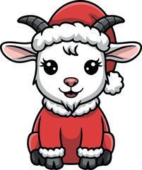 Fototapeta premium Cute goat wearing Santa hat and festive outfit symbolizing 2027 New Year celebration flat vector illustration design