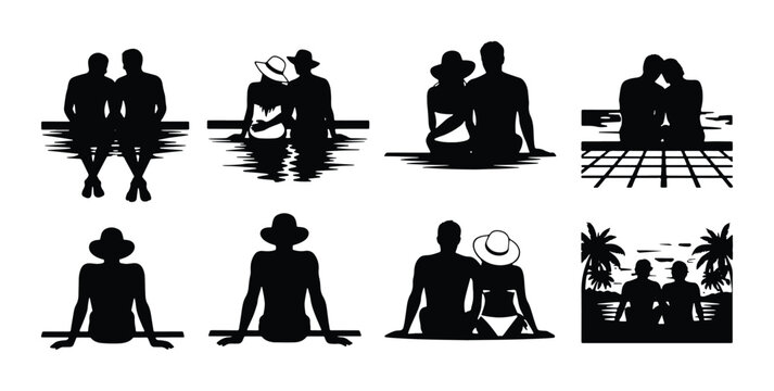 Couple Silhouettes Vector Pack: Romantic Beach & Poolside Scenes, Summer Vacation Icons, Diverse Poses, Black & White Graphics