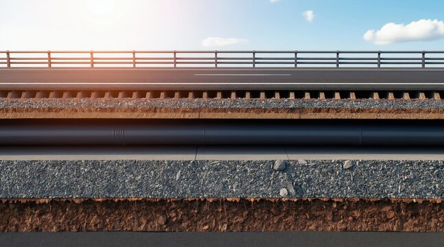 Cross section shows roadway layers including asphalt pavement and drainage system below. A large pipe runs horizontally beneath the roadbed, surrounded by gravel and soil.
