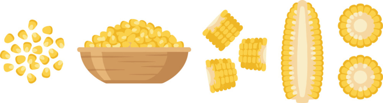 Corn Kernel and Cob Vector Set Featuring Loose Maize Grains, Bowl of Corn and Sliced Cob Pieces in Bright Yellow Food Illustration Style