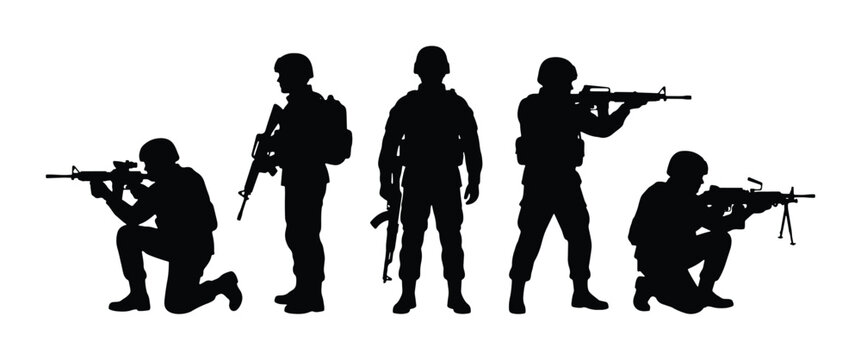 Silhouette Soldiers, Military Team, Armed Forces, Combat Ready, Tactical Units, Infantry, Special Forces, Vector Art