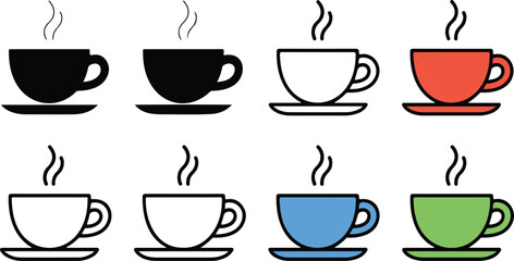 Obraz premium Coffee cup and hot tea mug icon set with steam and saucers in flat line and silhouette styles for cafe restaurant menu design.