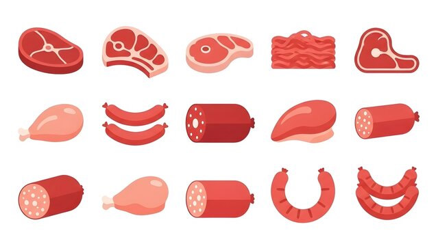 A variety of raw and processed meats on transparent background