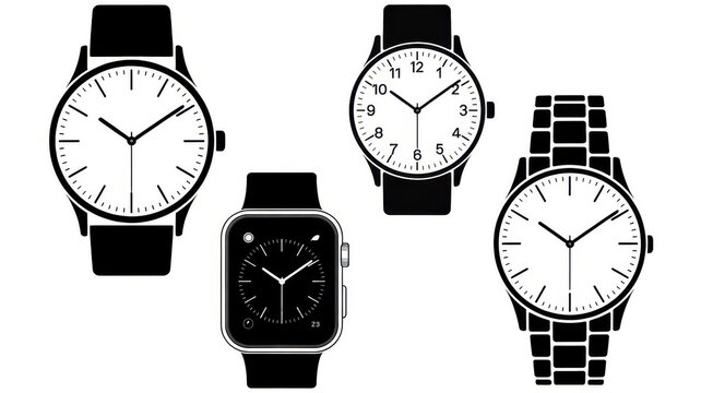 Set of four watches and watch faces, isolated on white background
