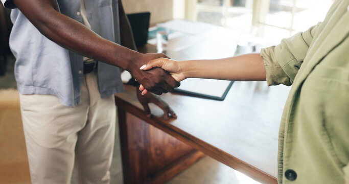 Business, people and handshake in office for deal, b2b partnership and marketing agreement. Shaking hands, thank you and collaboration in workplace for advertising offer, cooperation and teamwork