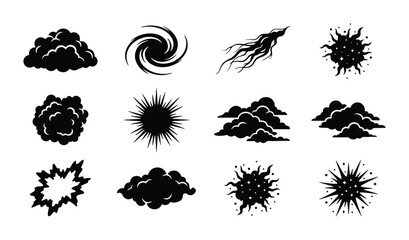 Explosion and Cloud Vector Icons Set, Black Smoke and Energy Burst Graphics, Comic Style Effects, Abstract Shapes Collection © Mahmud