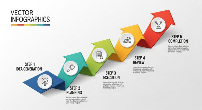 A colorful vector infographic illustrating a five-step process with icons and arrows