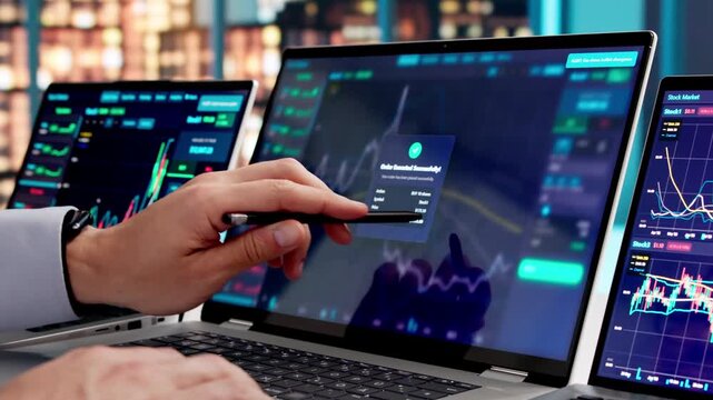 Trader Carefully Watches Stock Graphs On Computer Screen, Making Deals
