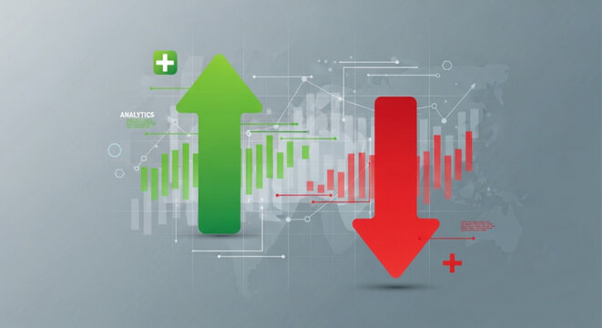 A vector graphic illustration of a green arrow pointing up and a red arrow pointing down with bar charts and graphs in the background