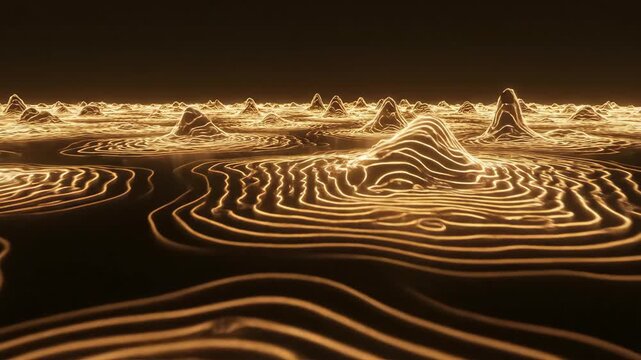 Golden topography lines creating mountain peaks on a dark background, digital mapping visualization.
