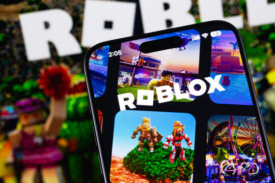 Roblox logo mobile app on a screen smartphone iPhone closeup. Roblox is an online gaming platform and game creation system. Batumi, Georgia - March 20, 2026
