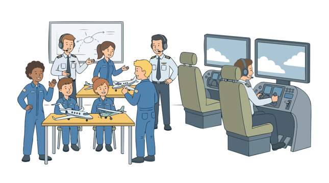 Pilot Training School Illustration Diverse Aviation Workers Learning Flight Simulation and Aircraft Models