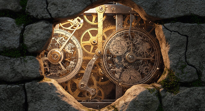 Old stone wall featuring a weathered clock mechanism. Rustic textures and aged details create a timeless and mysterious atmosphere ideal for history and concept imagery
