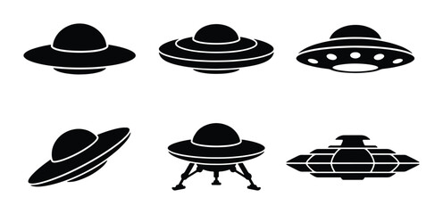 Set of 6 Black UFO Icons, Flying Saucer Vector Graphics, Alien Spaceship Silhouettes for Sci-Fi and Futuristic Designs © Farjana