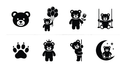 Cute Teddy Bear Icons Set, Black and White Vector Graphics for Children's Designs, Baby Shower Themes, and Toy Branding © Lamiya