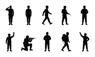Obraz premium Military Soldier Silhouettes Collection, Diverse Poses and Actions, Vector Icons for Army and Defense Concepts