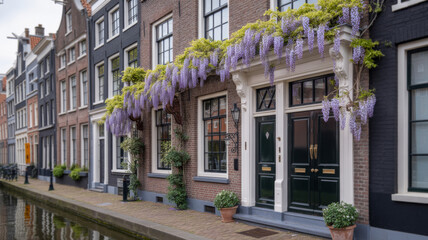 Fototapeta premium Beautiful wisteria blooming on traditional Dutch canal house facade in spring