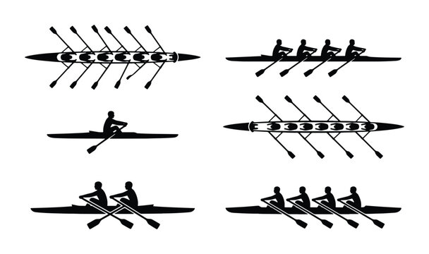 Rowing Boat Silhouettes Collection: Single Scull, Double Scull, Quadruple Scull, Eight Oared Shells, Vector Graphics for Sports and Competition Themes