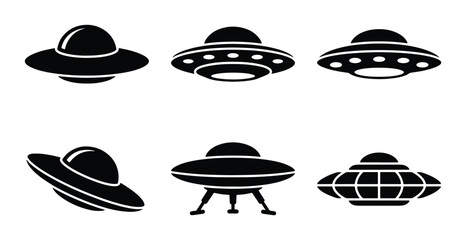 Set of 6 Black UFO Flying Saucer Icons, Retro Sci-Fi Spacecraft Vector Graphics, Alien Spaceship Symbols for Extraterrestrial Concepts © Kazi
