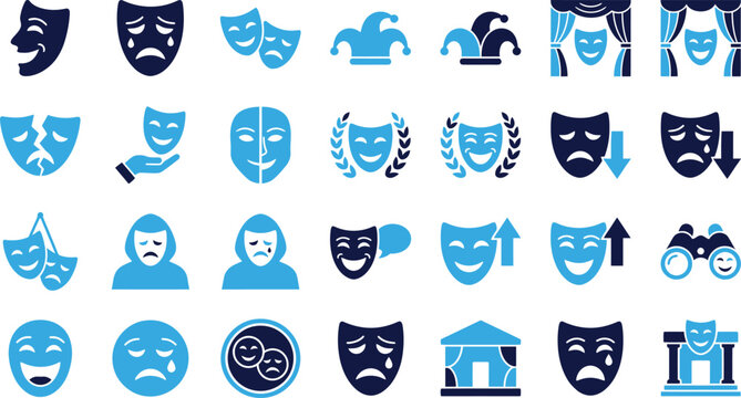 Theater masks icons representing emotions like comedy tragedy joy and sadness with curtains and laurels.