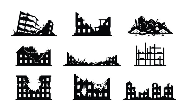 Disaster Building Silhouettes, Ruined Architecture Icons, Destroyed Construction Vector Set, Urban Decay Elements