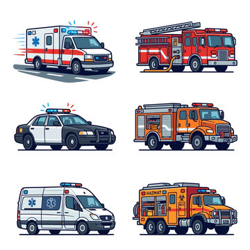 Vector set of emergency vehicle illustrations for first responders