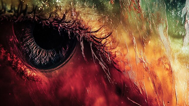 High-grain macro abstract photograph with deep red, brown and muted green tones, dark curved circular highlight element on left, gradual bright color transition on right, dense white flecks