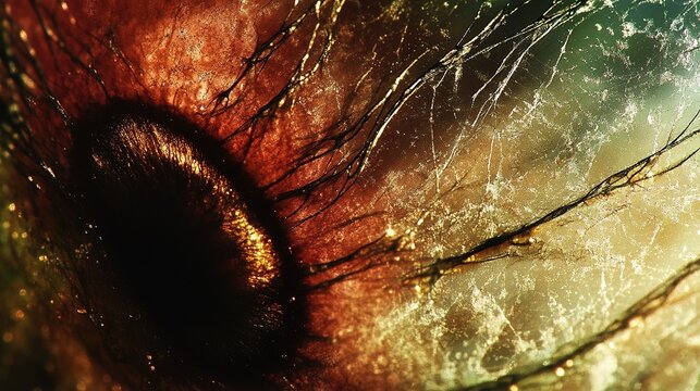High-grain macro abstract photograph with deep red, brown and muted green tones, dark curved circular highlight element on left, gradual bright color transition on right, dense white flecks