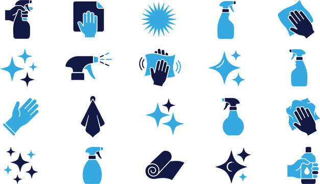 Collection of cleaning icons showing spray bottles cloths and sparkles for sanitizing and hygiene.