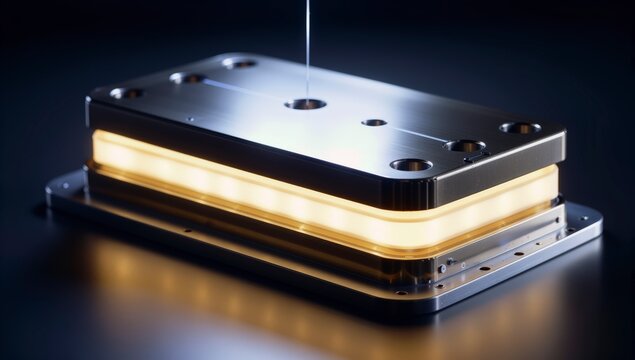 High precision industrial metal housing component with internal glowing light layers representing advanced semiconductor manufacturing or electronic hardware engineering in a clean laboratory setting