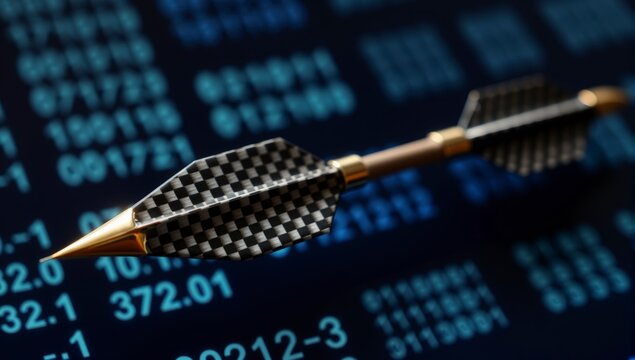 Carbon fiber arrow head resting on digital screen with binary code background representing precision and target market accuracy