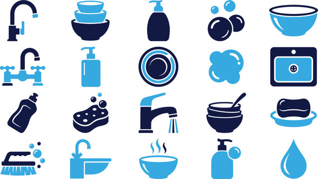 Bathroom and kitchen sink icons featuring faucets soap dispensers sponges and cleaning supplies.