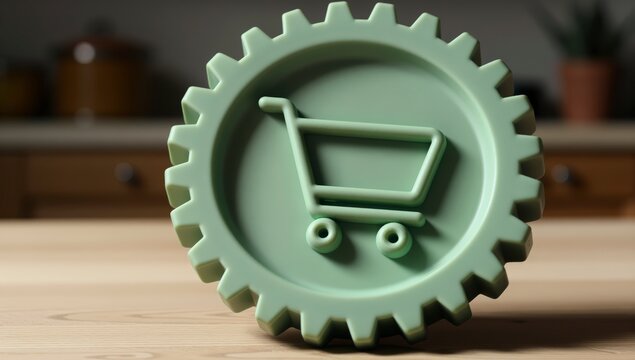 Smooth mint green gear with a shopping cart icon seamlessly integrated into its surface in a home kitchen setting